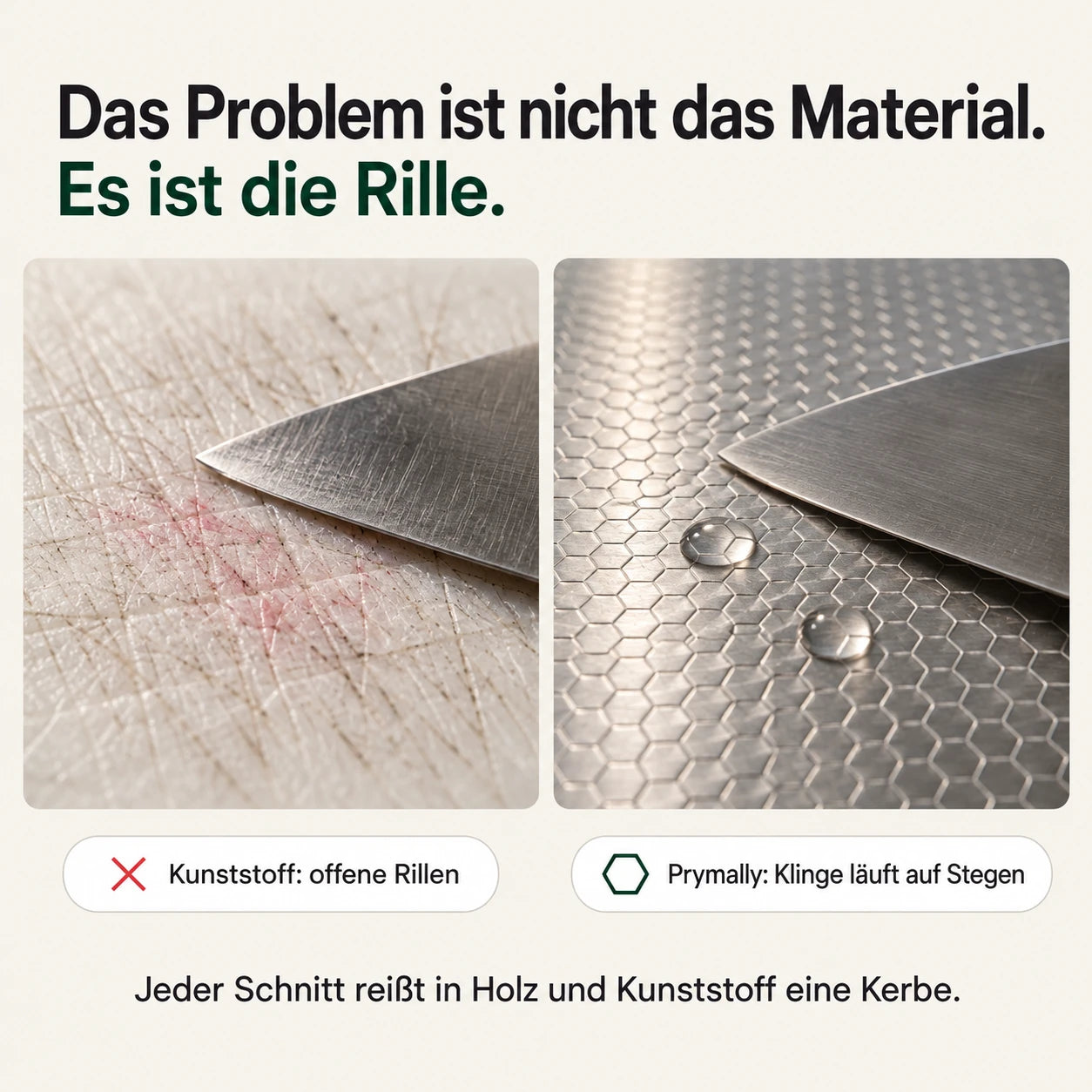 Kunststoffbrett mit Rillen neben der Prymally Wabenoberfläche